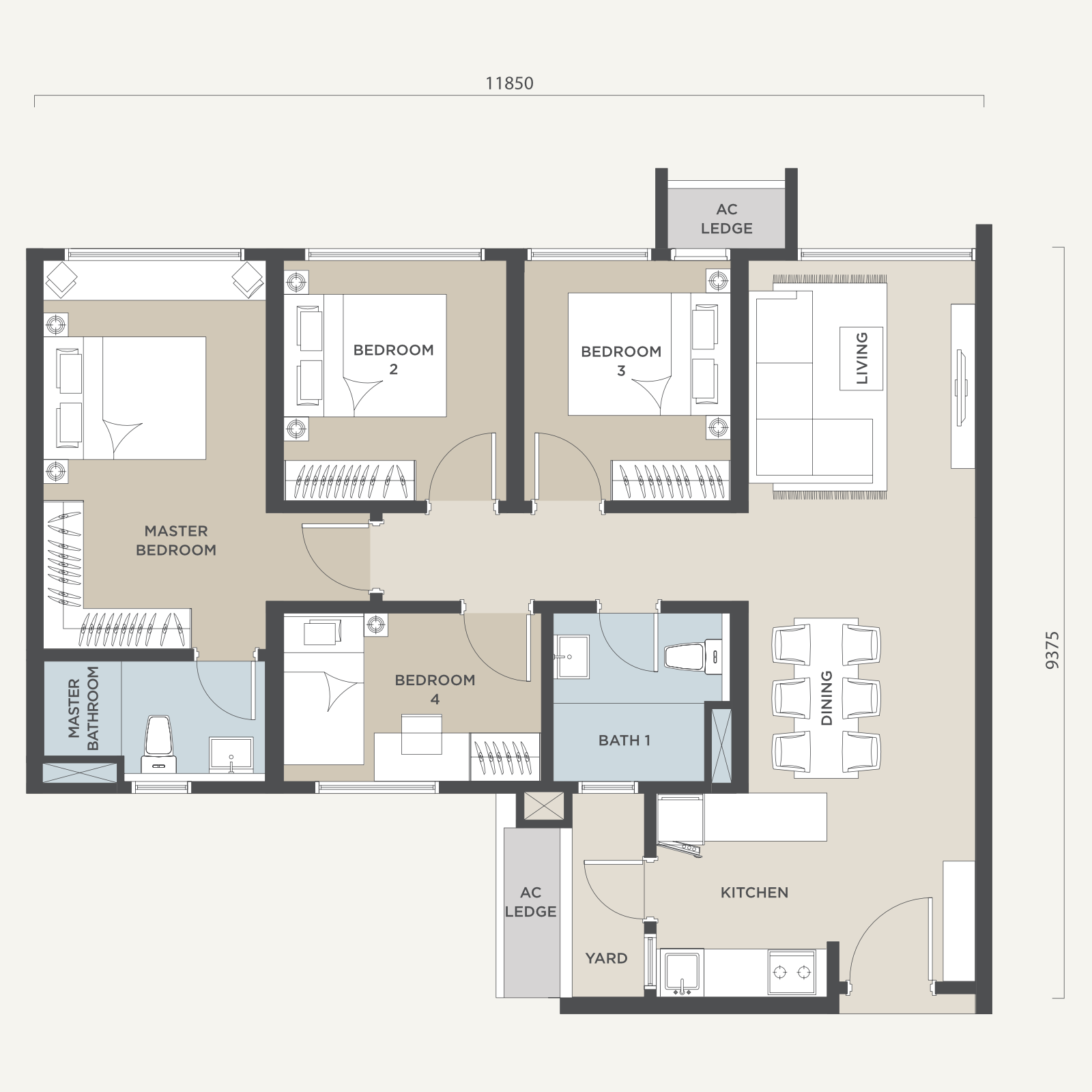 Type A 4-bedroom layout, 1042 sqft
