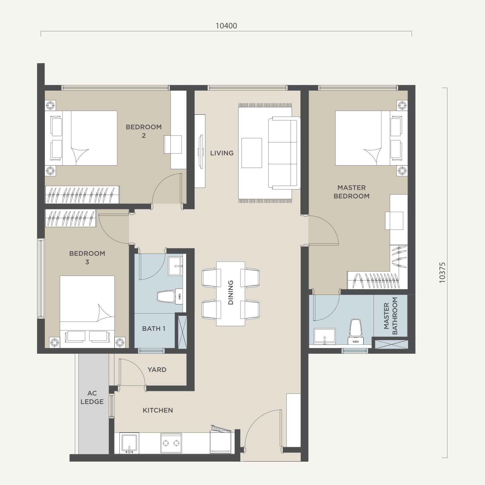Type B 3-bedroom layout, 1028 sqft