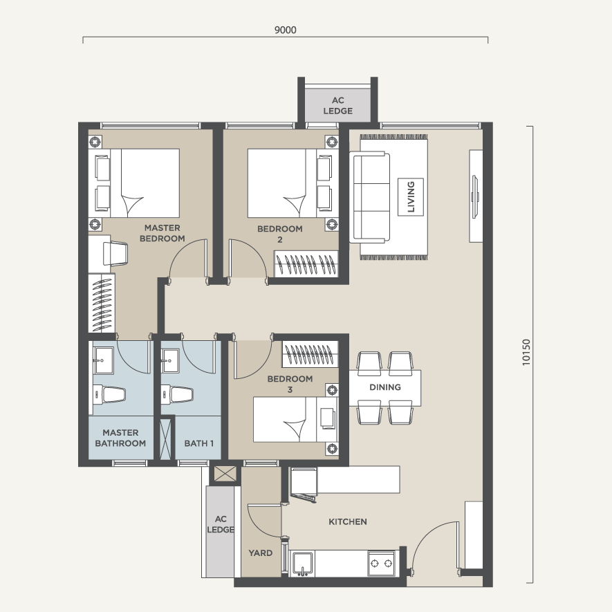 Type C 3-bedroom layout, 923 sqft
