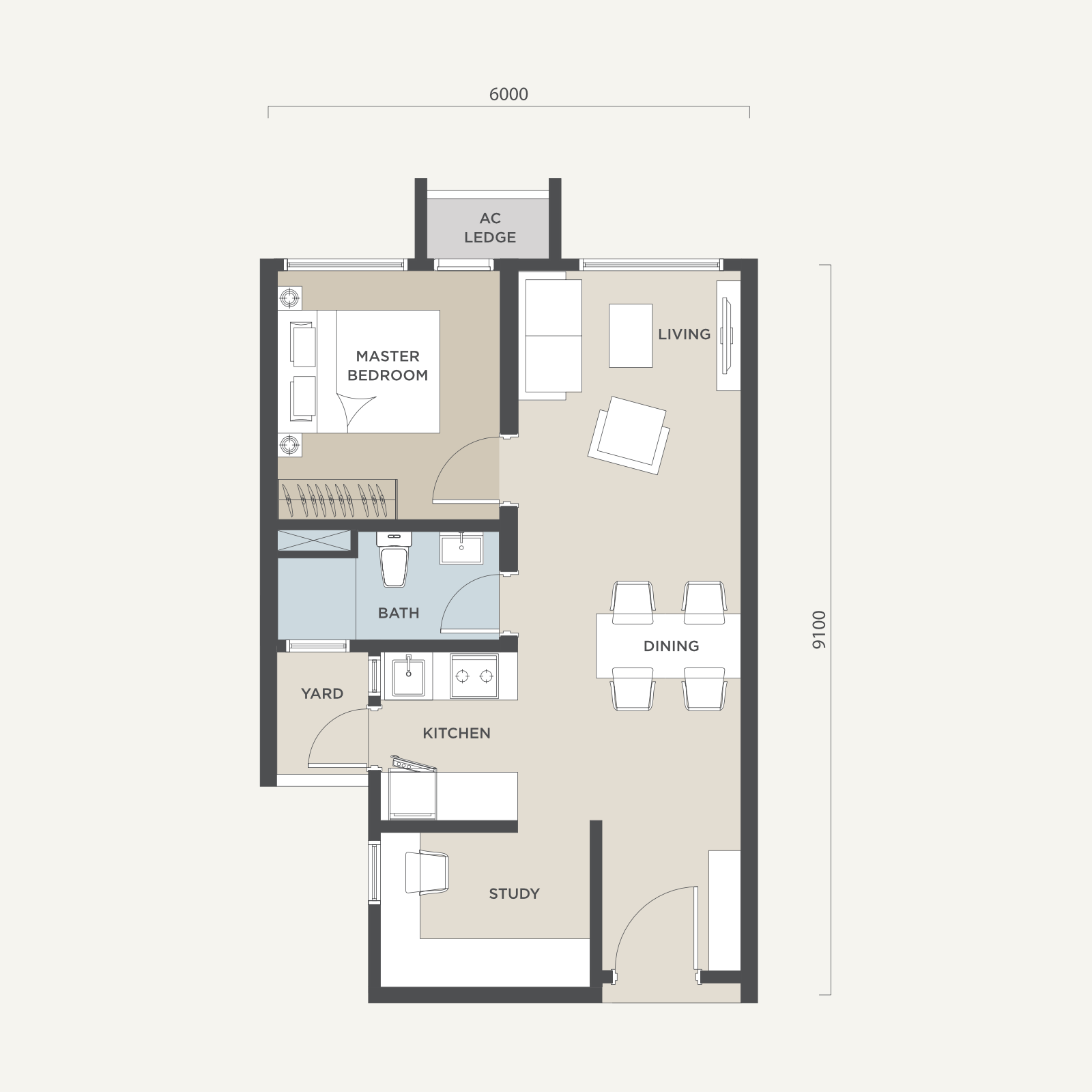 Type D 1-bedroom layout, 568 sqft
