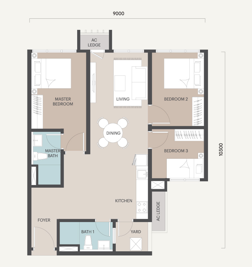 Type H 3-bedroom dual-key layout, 923 sqft